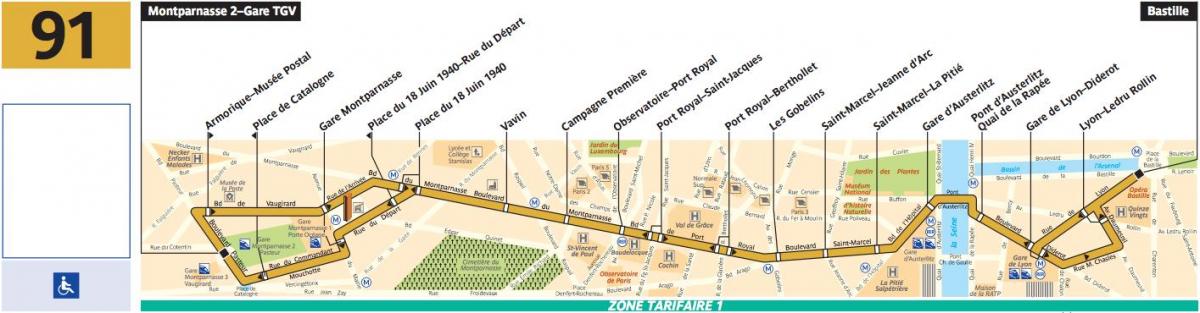 Peta dari bus Paris line 91
